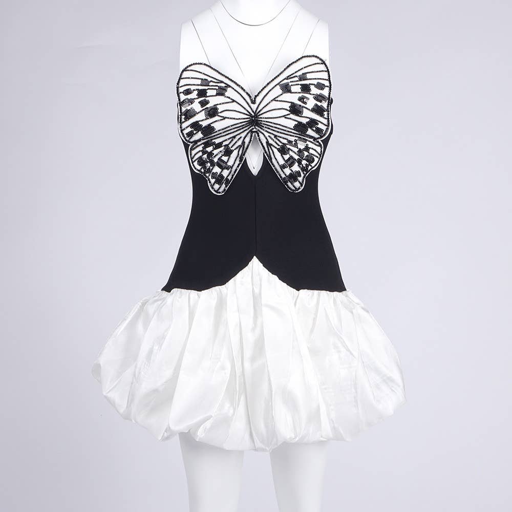 DR721 Contrast Butterfly Embroidery High Waist Mini Dress