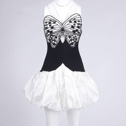 DR721 Contrast Butterfly Embroidery High Waist Mini Dress