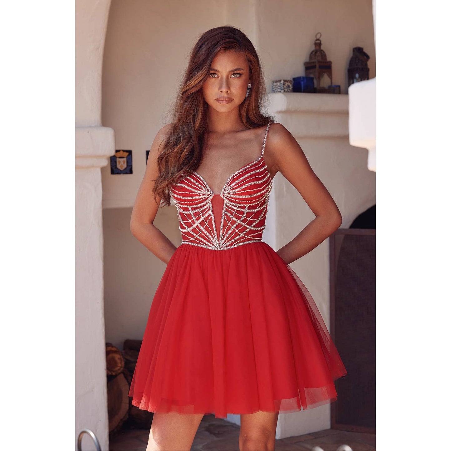 Pearl Beaded A-Line Tulle Short Dress JT984
