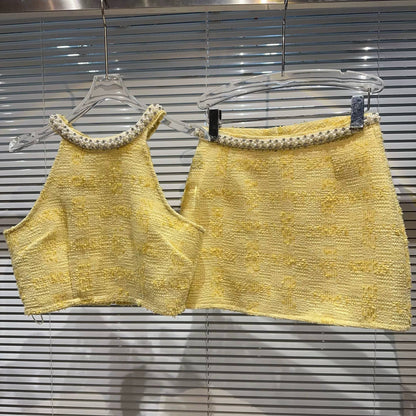 DY29 Pearl Trim Tweed Halter Top Skirt Set Chic Look