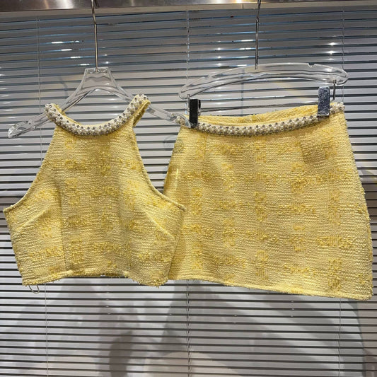 DY29 Pearl Trim Tweed Halter Top Skirt Set Chic Look