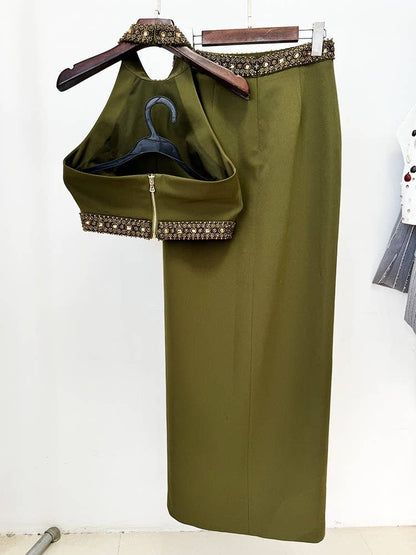 Olive Beaded Halter Maxi Skirt Set