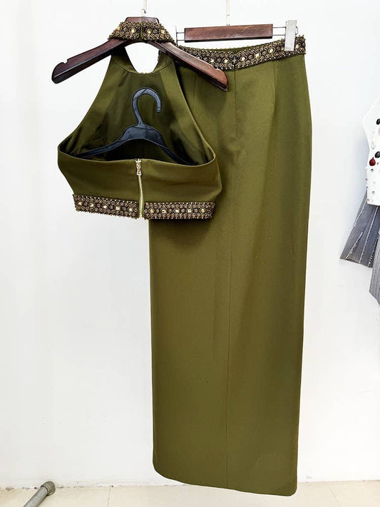 Olive Beaded Halter Maxi Skirt Set