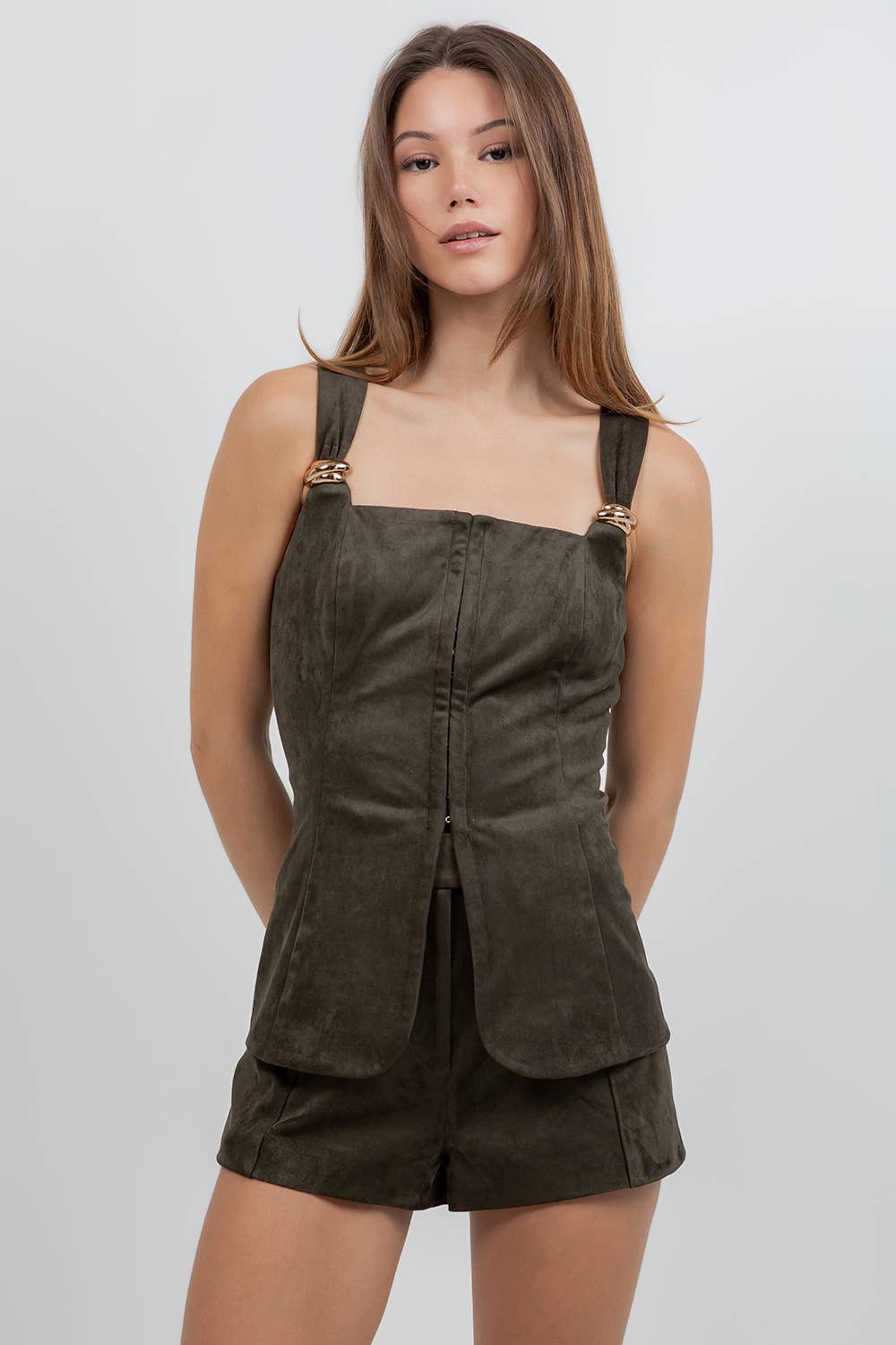 Metal Trim Suede Short Set