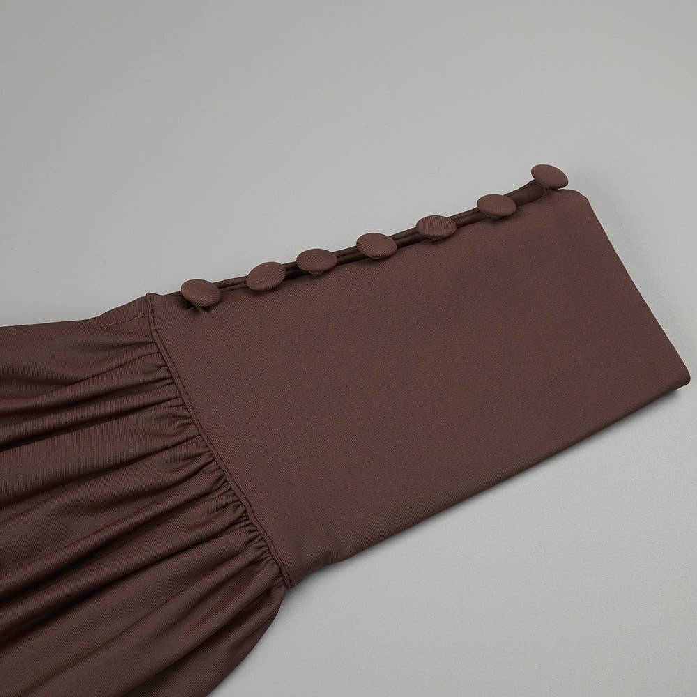 DR316 Elegant Chocolate Gathered Waist Maxi Dress