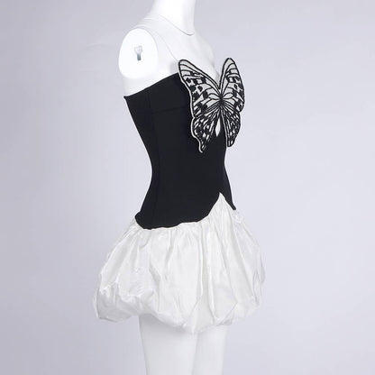DR721 Contrast Butterfly Embroidery High Waist Mini Dress