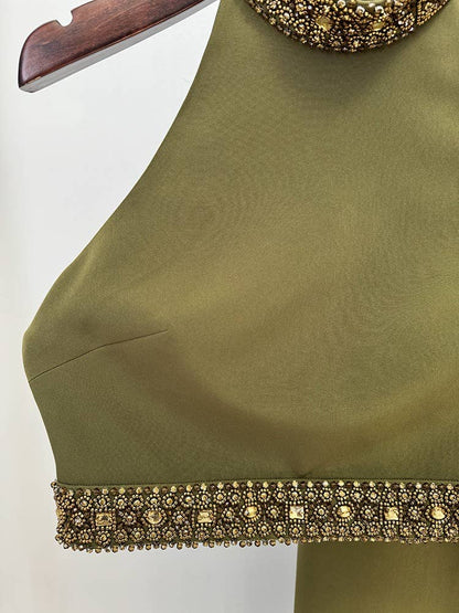 Olive Beaded Halter Maxi Skirt Set