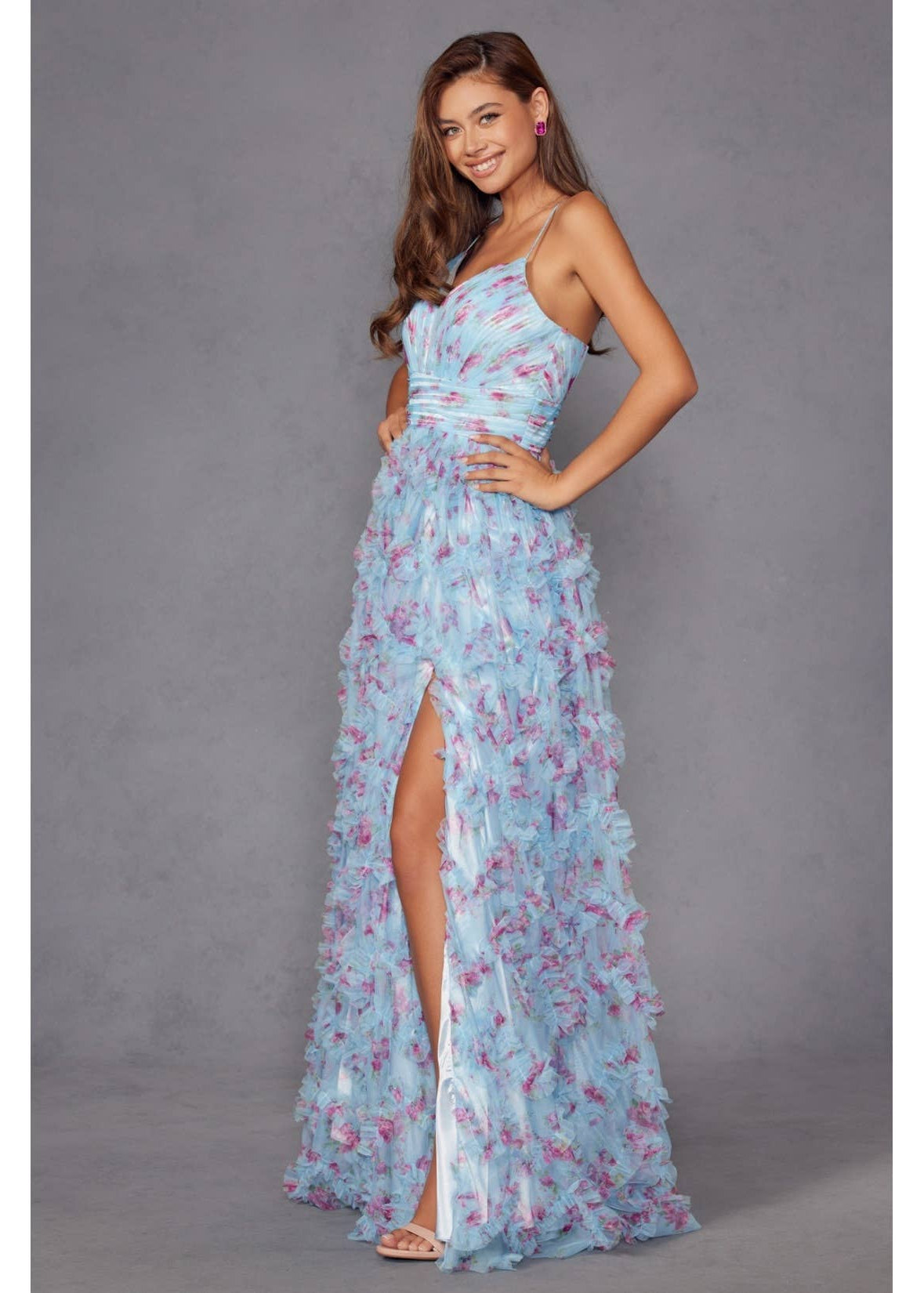 Juliet A-Line Ruffle Print Gown