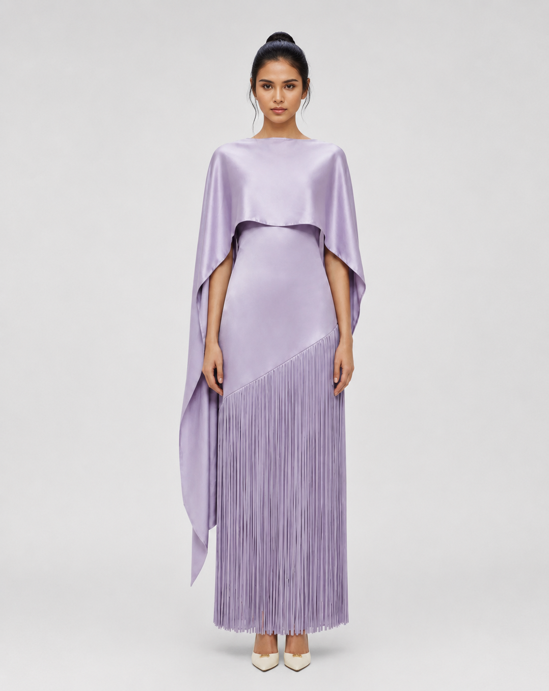 Elegant Satin Cape Fringe Waist Slim Maxi Dress