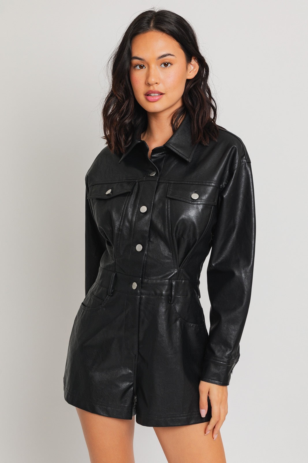 Long Sleeve Faux Leather Romper