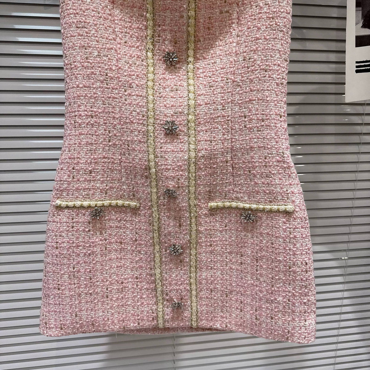 Pink Tweed Halter Mini Dress Crystal Button Chic