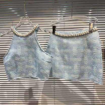 DY29 Pearl Trim Tweed Halter Top Skirt Set Chic Look