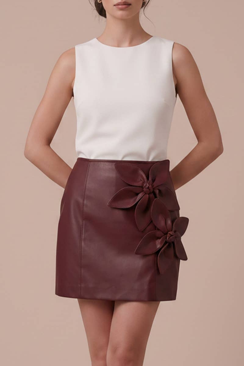 Floral Appliqué Faux Leather Mini Skirt