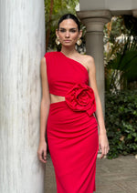 Load image into Gallery viewer, Lulu Asymmetric Rosette Midi
