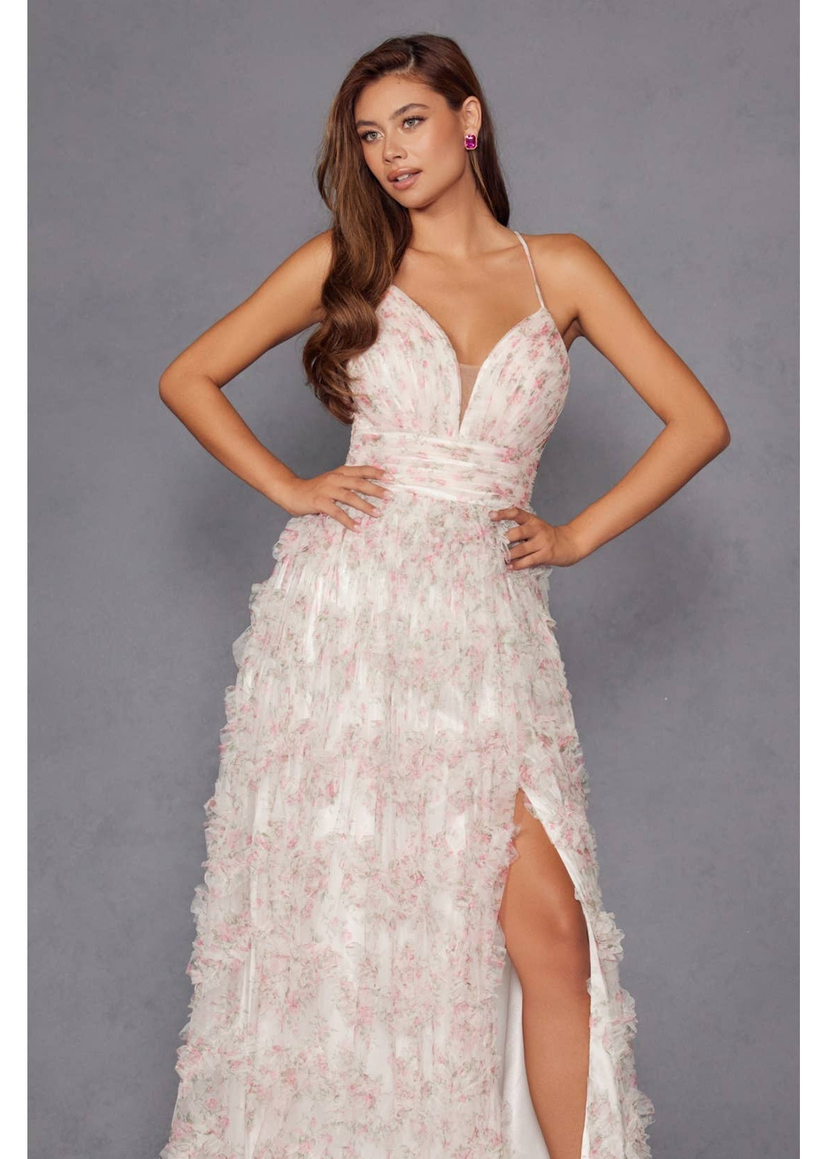 Juliet A-Line Ruffle Print Gown