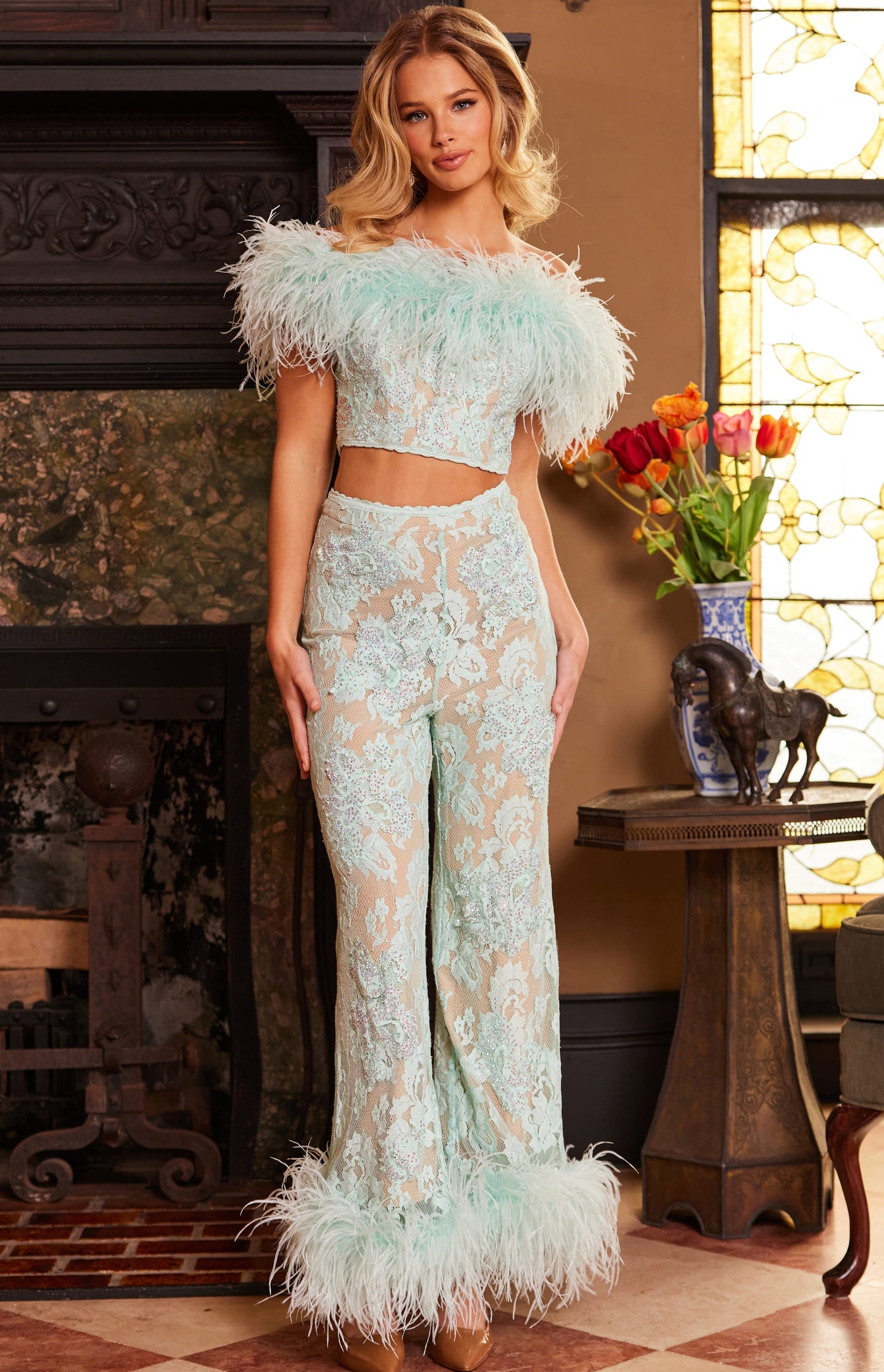 Jovani Lace Feather Pant Set 22350