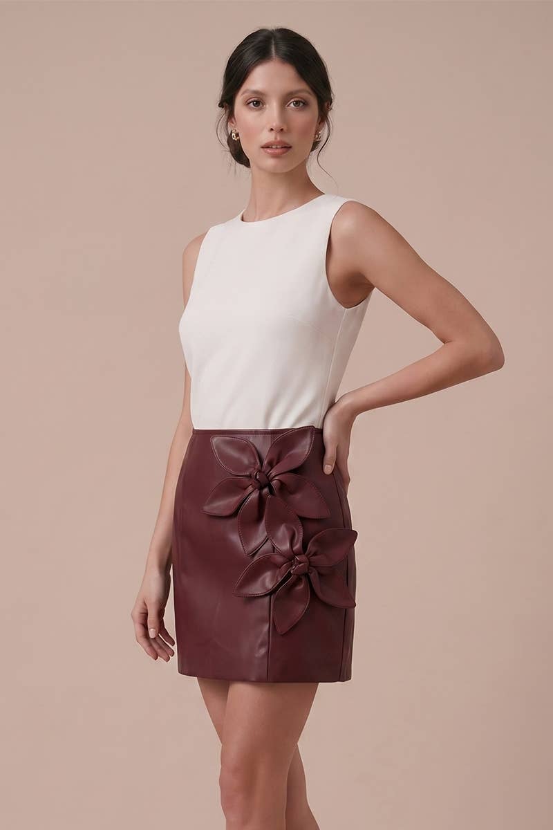 Floral Appliqué Faux Leather Mini Skirt