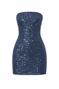Glam Sequin Denim Strapless Bodycon Mini Dress