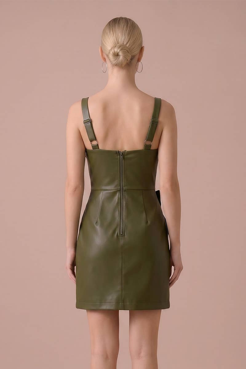 FLOWER APPLIQUE FAUX LEATHER MINI DRESS