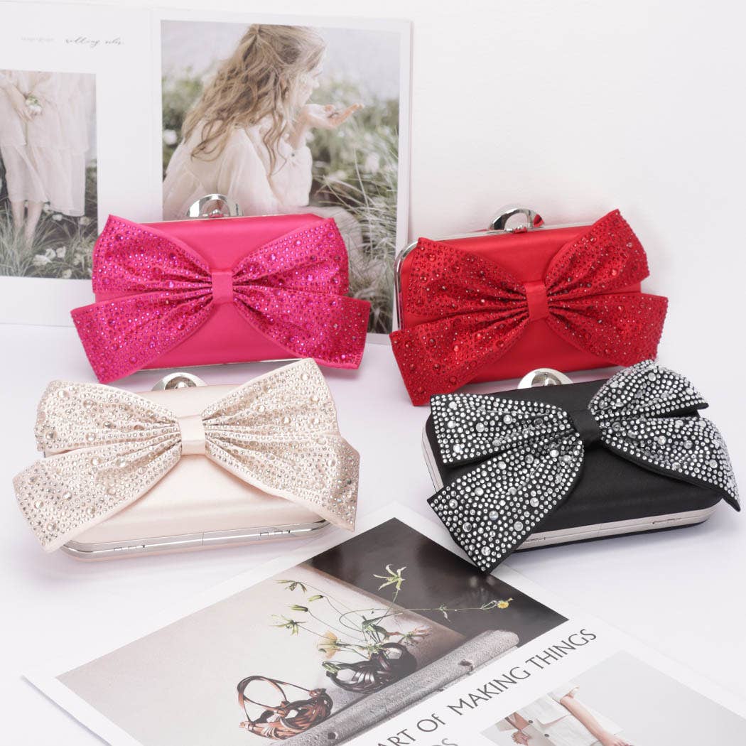 Rhinestone Bow Hardside Satin Clutch