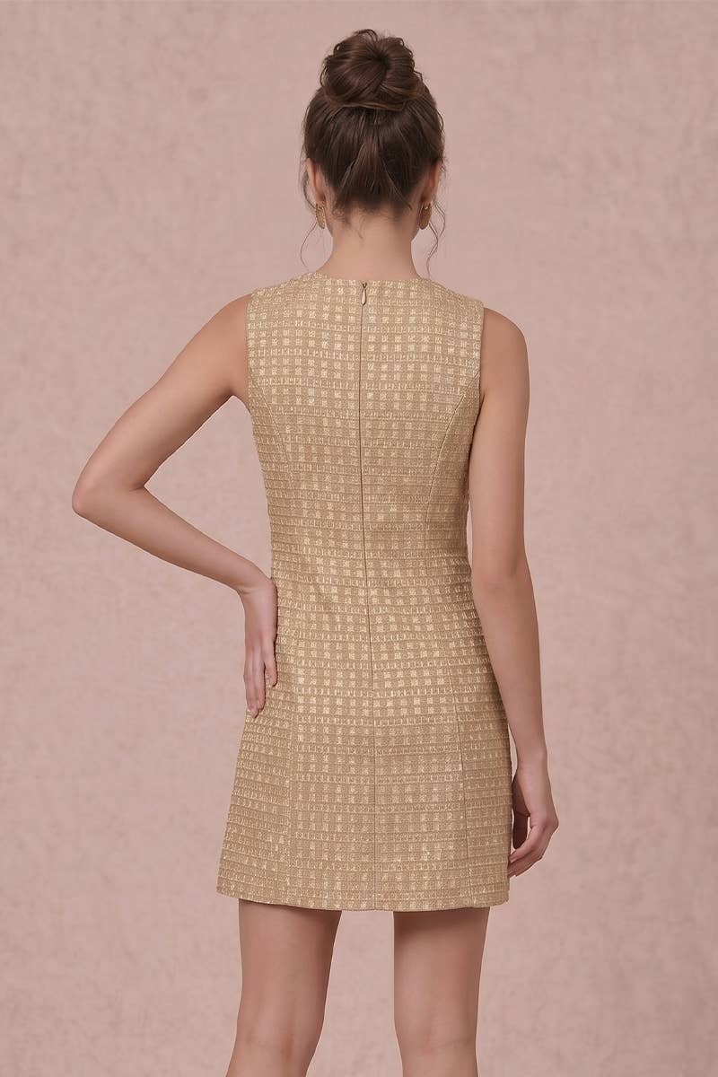 GOLD TWEED MINI DRESS WITH PEARL BUTTONS