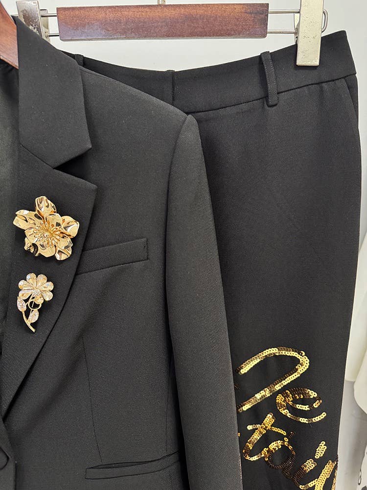 OL13 Embroidered Letter Sequin Blazer Pants Set Chic