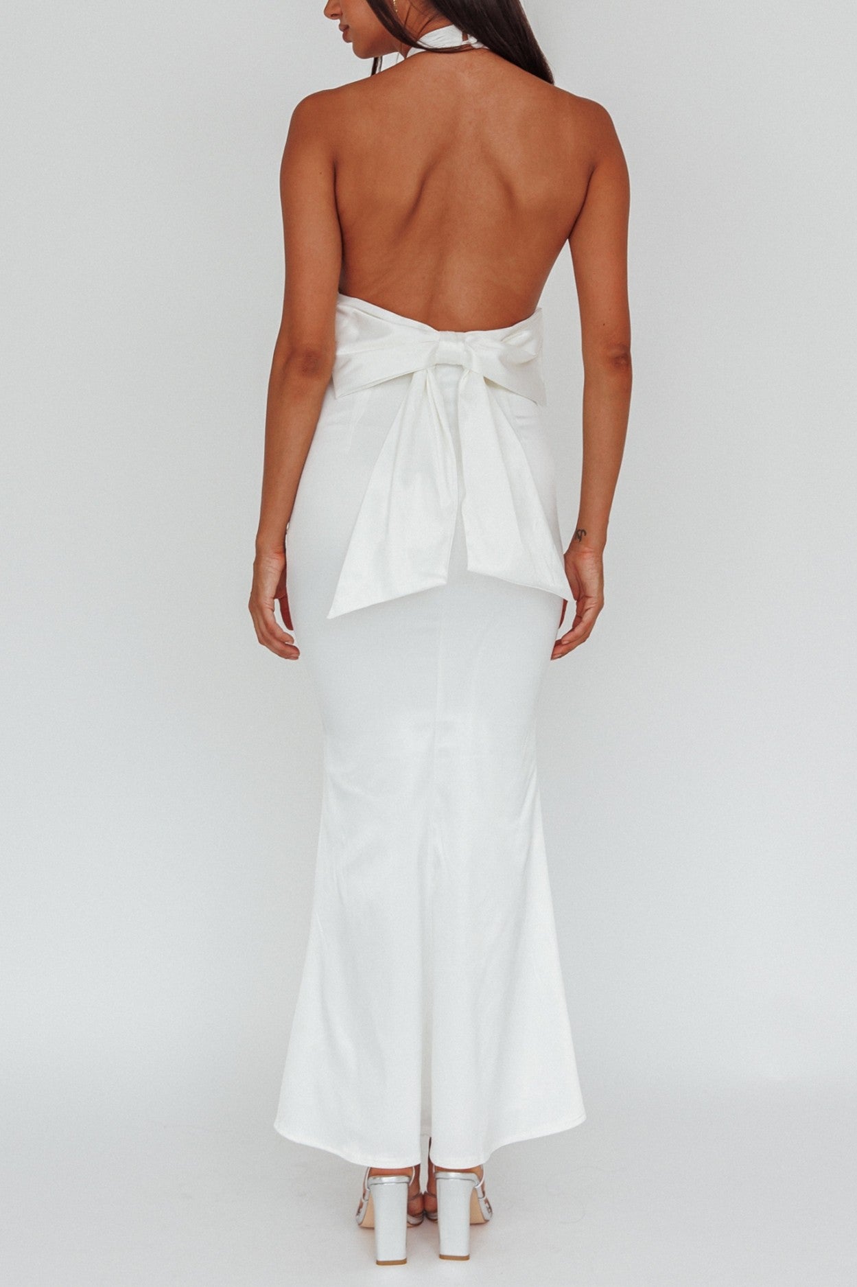 Satin Bow Back Halter Maxi