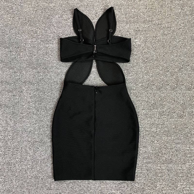 DR759 Noir Petal Cutout Bandage Dress with Sculpted Detail
