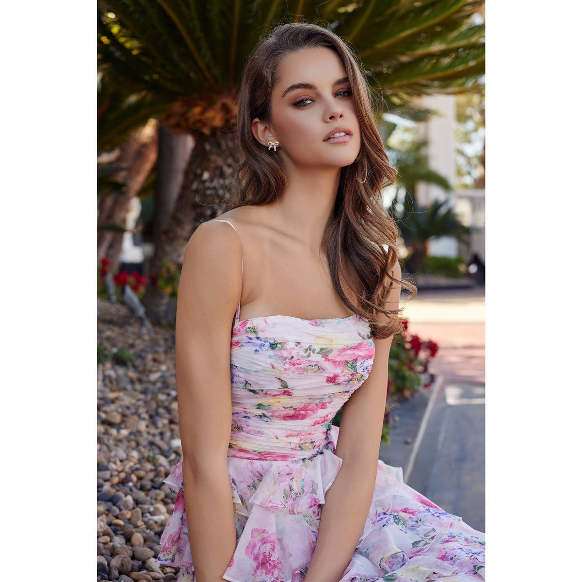 NOX Anabel Floral Chiffon Ruffle Gown
