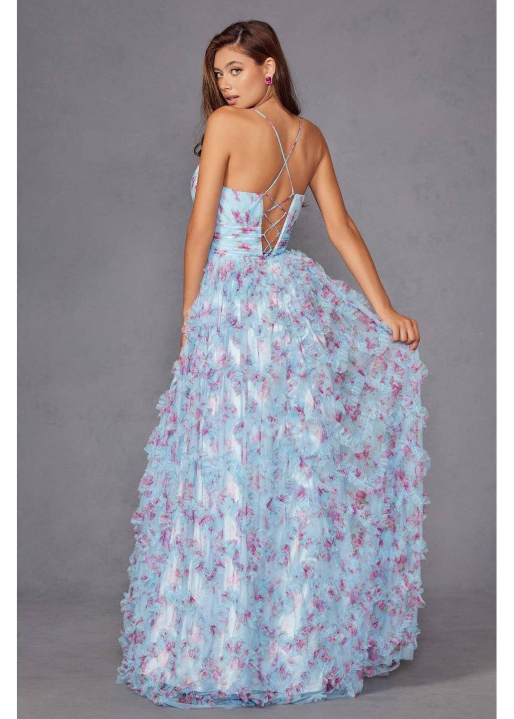 Juliet A-Line Ruffle Print Gown