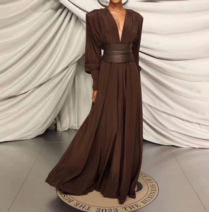 DR316 Elegant Chocolate Gathered Waist Maxi Dress