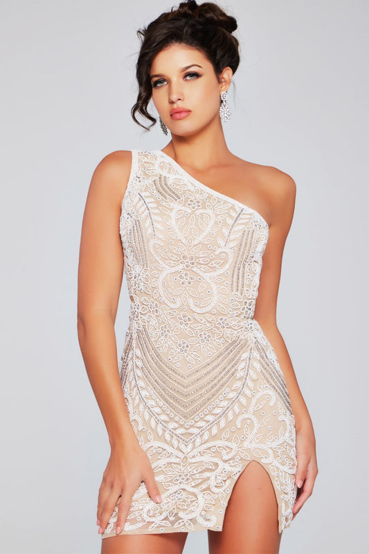 White and Nude Beaded One Shoulder Mini Dress