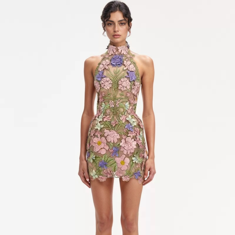 22Y Elegant Sleeveless Floral Embroidered Sheer Mini Dress: Multi-Colored / English / XS