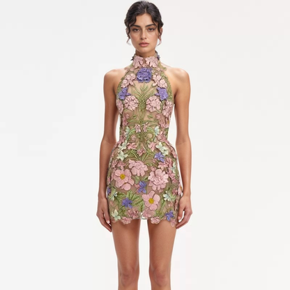 22Y Elegant Sleeveless Floral Embroidered Sheer Mini Dress: Multi-Colored / English / XS