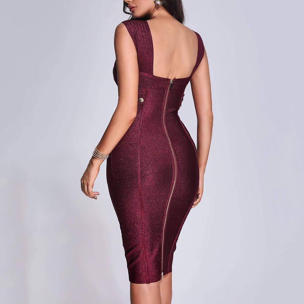 Elegant One-Shoulder Gold Silk Midi Dress with Silver: Burgundy / English / S