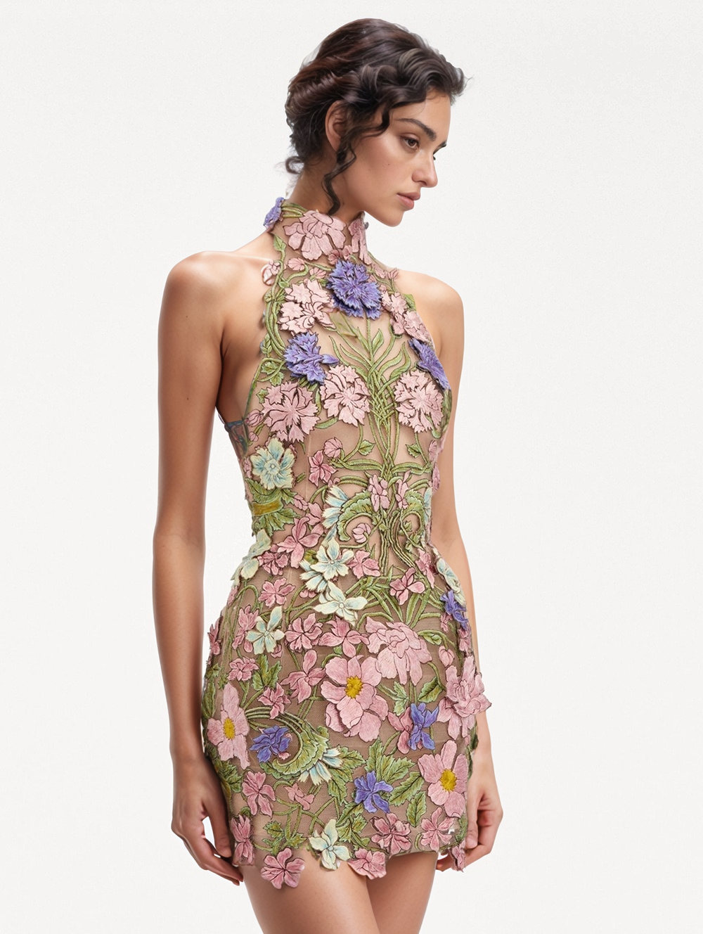 22Y Elegant Sleeveless Floral Embroidered Sheer Mini Dress: Multi-Colored / English / XS