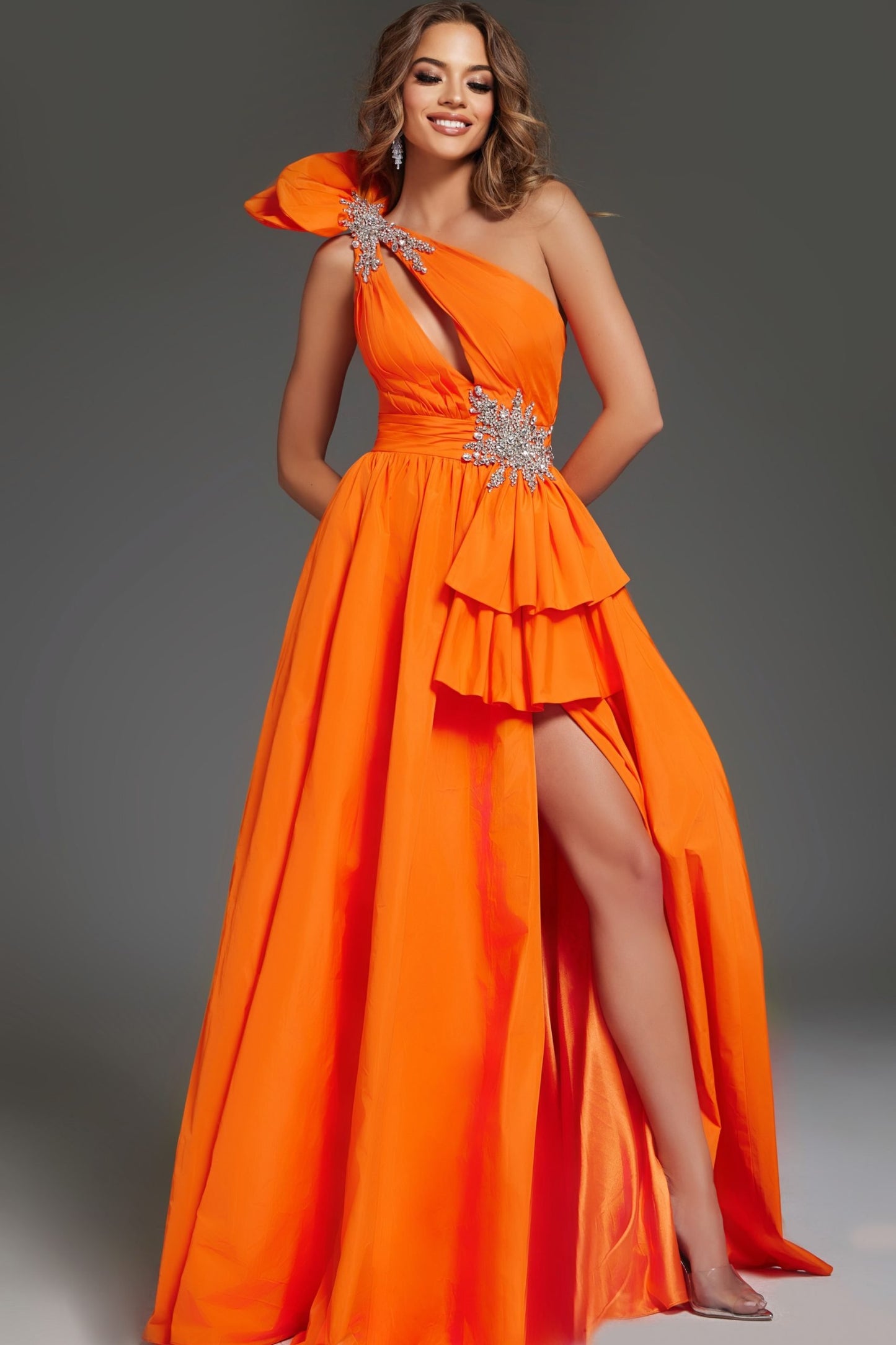 Jovani Ruffled One Shoulder Embellished Gown 40929