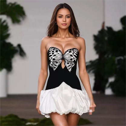 DR721 Contrast Butterfly Embroidery High Waist Mini Dress