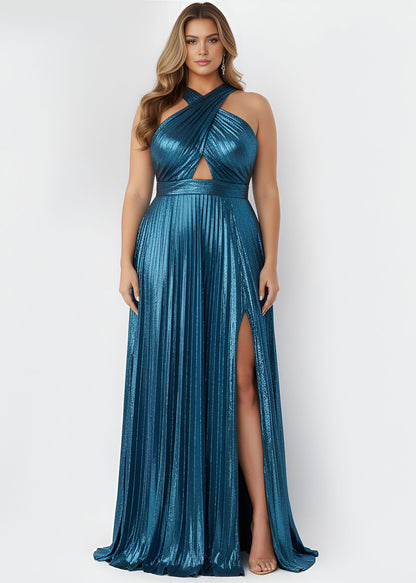 Jovani Pleated Metallic Halter Gown 42733