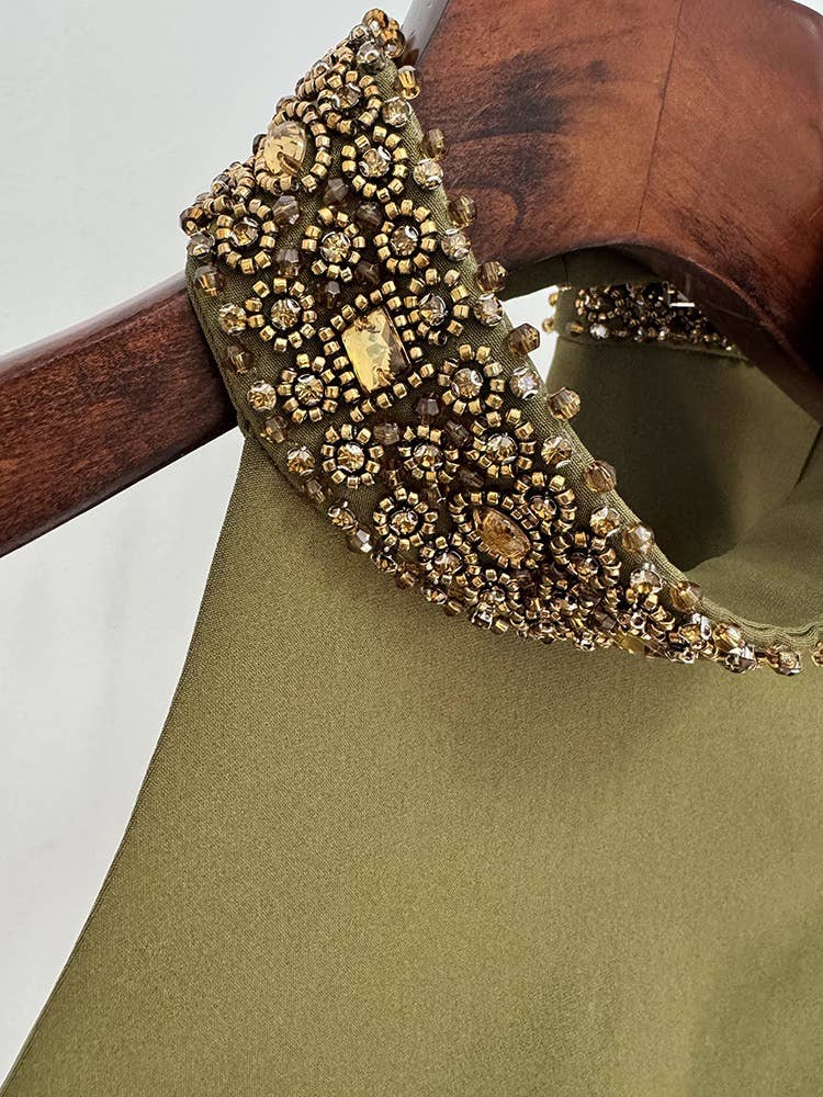 Olive Beaded Halter Maxi Skirt Set