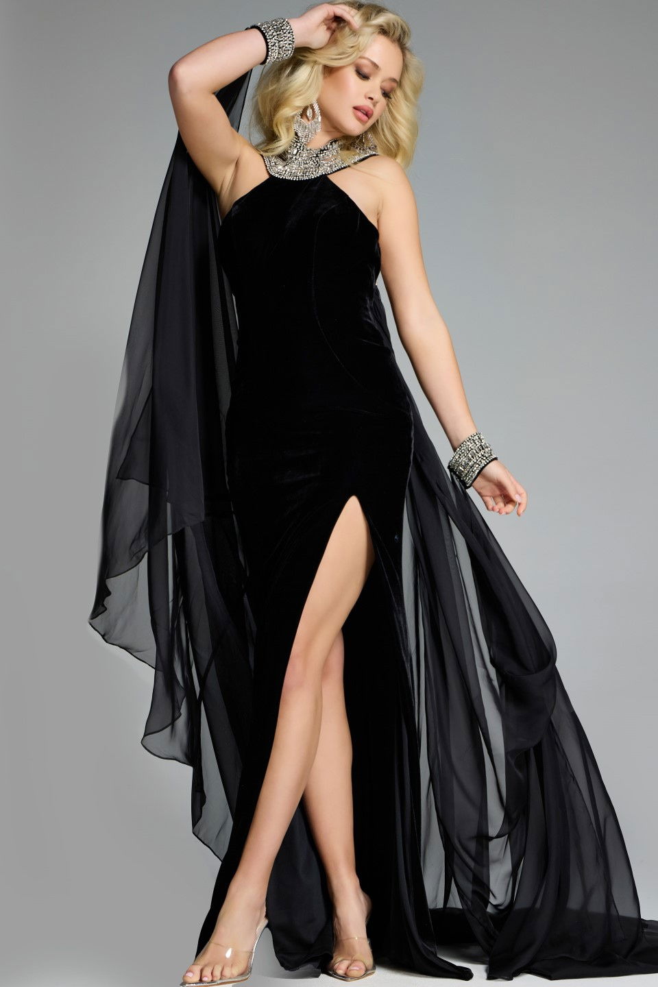 Jovani Velvet Halter Cape Gown 43696