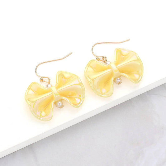 Yellow Shimmer Resin Bow Dangle Earrings