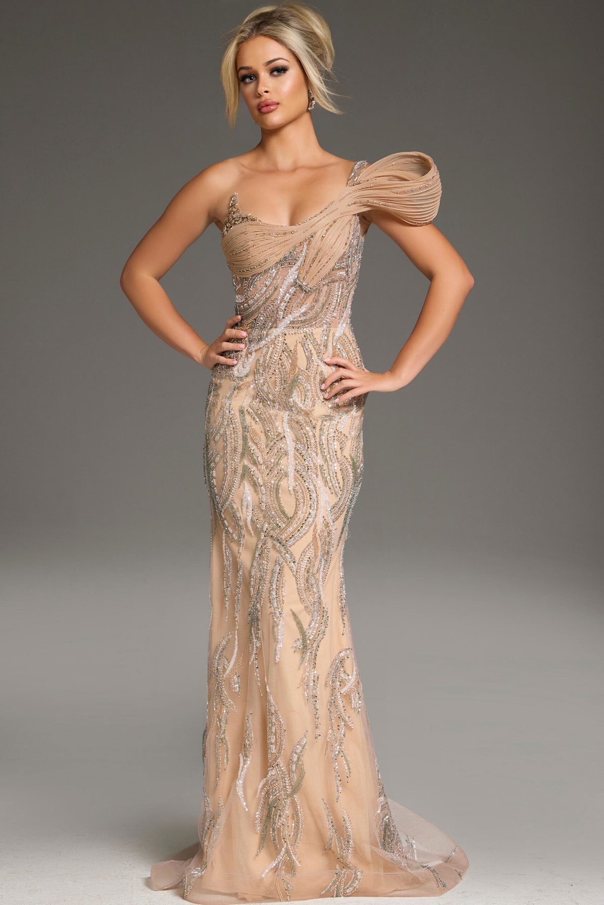 Jovani Dramatic Sculpted One Shoulder Beaded Gown 45073