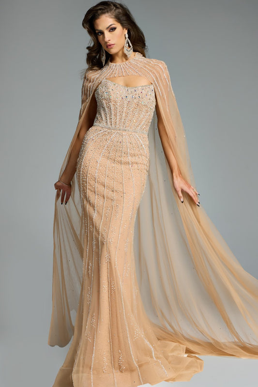Jovani Cape Gown with Beaded Bodice 45077