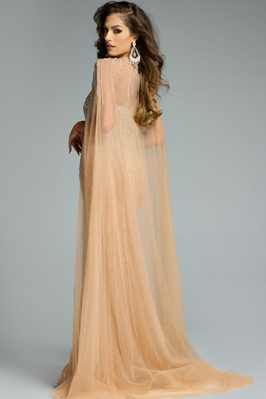 Jovani Cape Gown with Beaded Bodice 45077