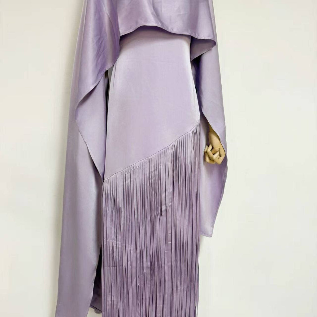 Elegant Satin Cape Fringe Waist Slim Maxi Dress