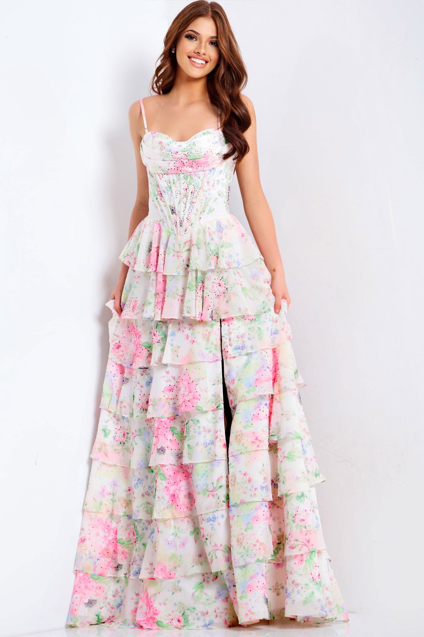 Jovani Floral Tiered A-line Corset Gown 47282
