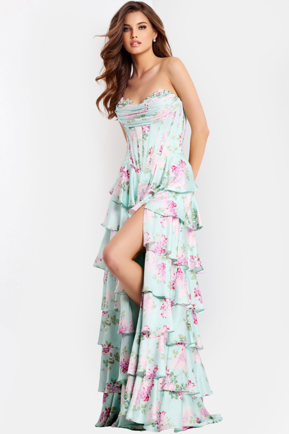 Jovani Strapless Ruffle Floral Prom Dress 47579