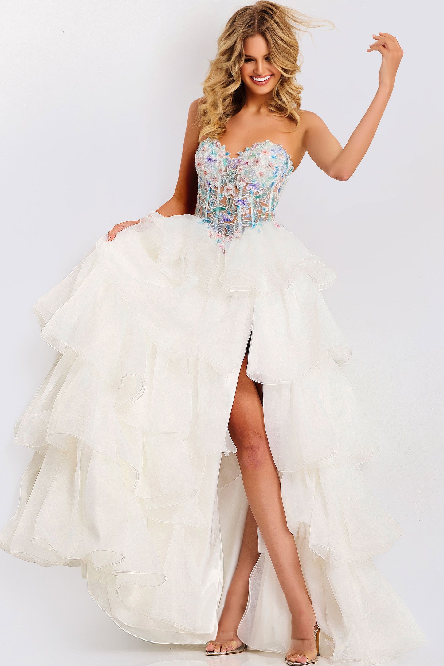Jovani Tiered Floral Beaded Corset Gown 48177