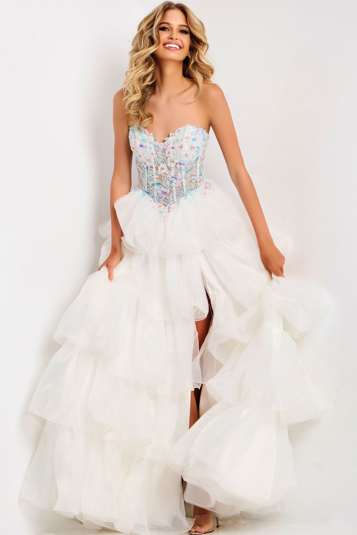 Jovani Tiered Floral Beaded Corset Gown 48177